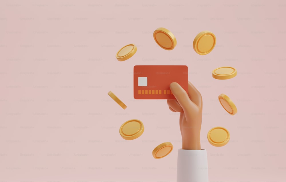 Handhaltende Kreditkarte mit Münzen, die auf einem rosa Hintergrund herumschweben. Kreditkartenausgaben. 3D-Render-Illustration.