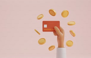 ピンクの背景にクレジットカードを持つ手とコインが浮かぶ。クレジットカードの支出。3Dレンダリングイラスト。