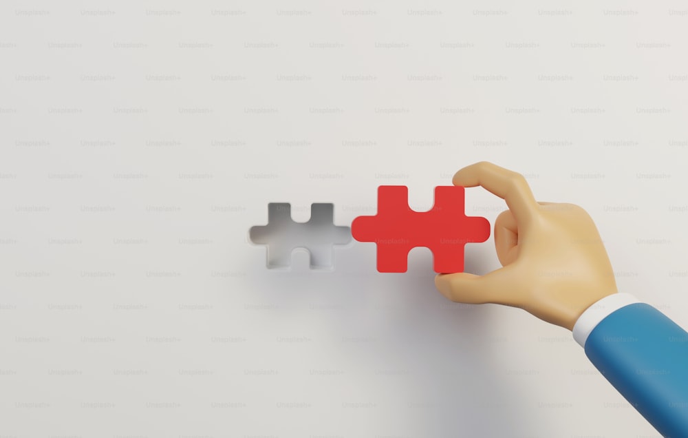 Uomo d'affari che tiene il puzzle rosso che collega i pezzi del puzzle su sfondo bianco. Soluzione per il successo aziendale. Illustrazione di rendering 3D.