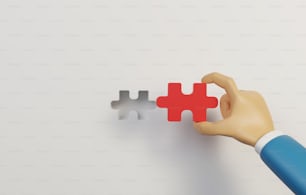 Geschäftsmann mit rotem Puzzle, das Puzzleteile auf weißem Hintergrund verbindet. Lösung für den Geschäftserfolg. 3D-Render-Illustration.