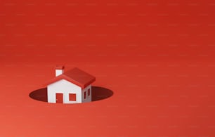Casa hundida en el hueco sobre fondo rojo. El mercado inmobiliario está en recesión. Los precios de las viviendas cayeron en el mercado inmobiliario y inmobiliario. Ilustración de renderizado 3D.