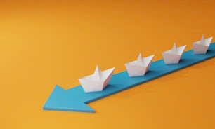 Barca di carta e percorso sulla freccia blu su sfondo giallo che raggiunge gli obiettivi aziendali. Illustrazione di rendering 3D.