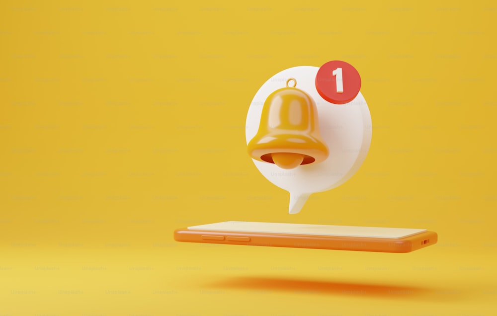 Nachrichten-Sprechblasensymbol mit Benachrichtigungsglocke im Smartphone auf gelbem Hintergrund. Benachrichtigungsdienst für eingehende Nachrichten. 3D-Render-Illustration.