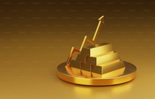 Barras de oro comprando y vendiendo lingotes de oro, gráficos de flechas hacia arriba, crecimiento del mercado del oro e inversión. Ilustración de renderizado 3D.