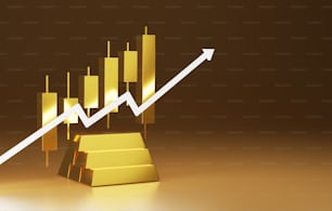 Gráficos de velas y lingotes de oro comprando y vendiendo lingotes de oro, gráficos de flecha ascendente, crecimiento del mercado del oro e inversión. Ilustración de renderizado 3D.