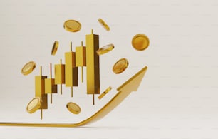 Gráficos de gráficos de velas y negocios de oro que venden lingotes de oro, gráficos de flecha ascendente, crecimiento del mercado del oro e inversión. Ilustración de renderizado 3D.