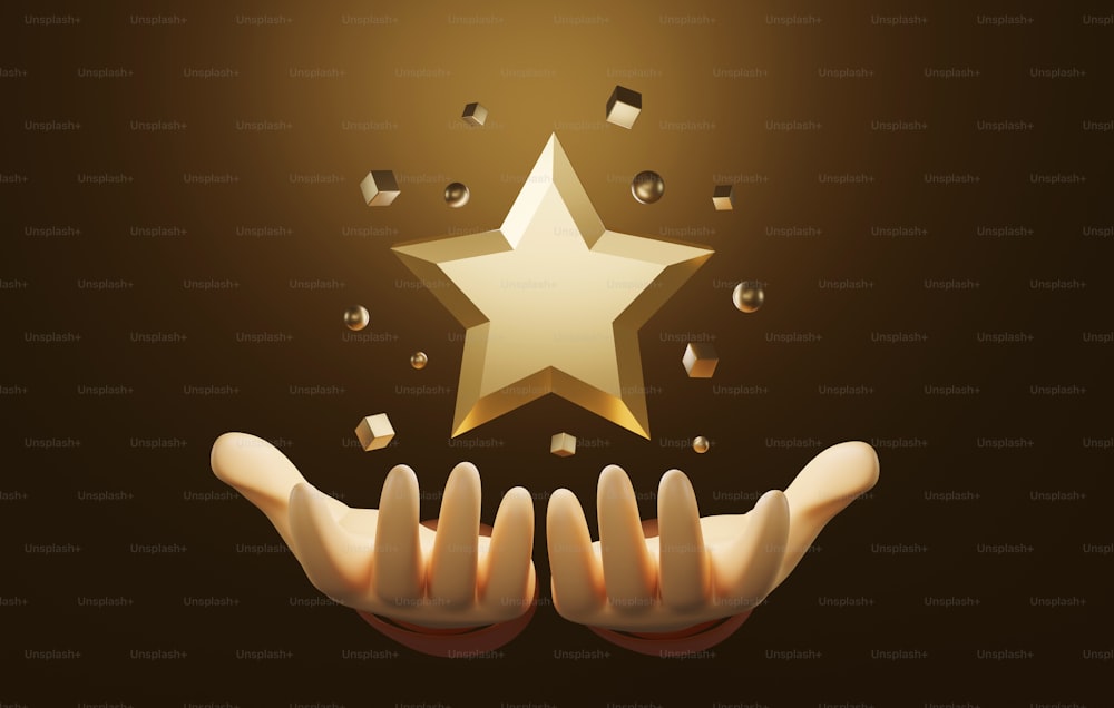 Star icon on dark gold background on hand. Satisfaction score service feedback business quality rating assessing success of customer feedback. 3D render illustration.