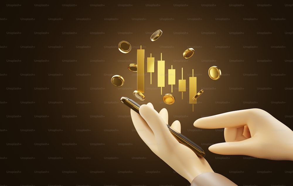 Hand holding a smartphone Candlesticks and gold coins float off the screen. Buying and selling gold Gold market growth and investment. 3d render illustration.