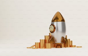 Golden rocket and pile of gold coins on white background. Starting a Successful Business financial growth. 3D render illustration