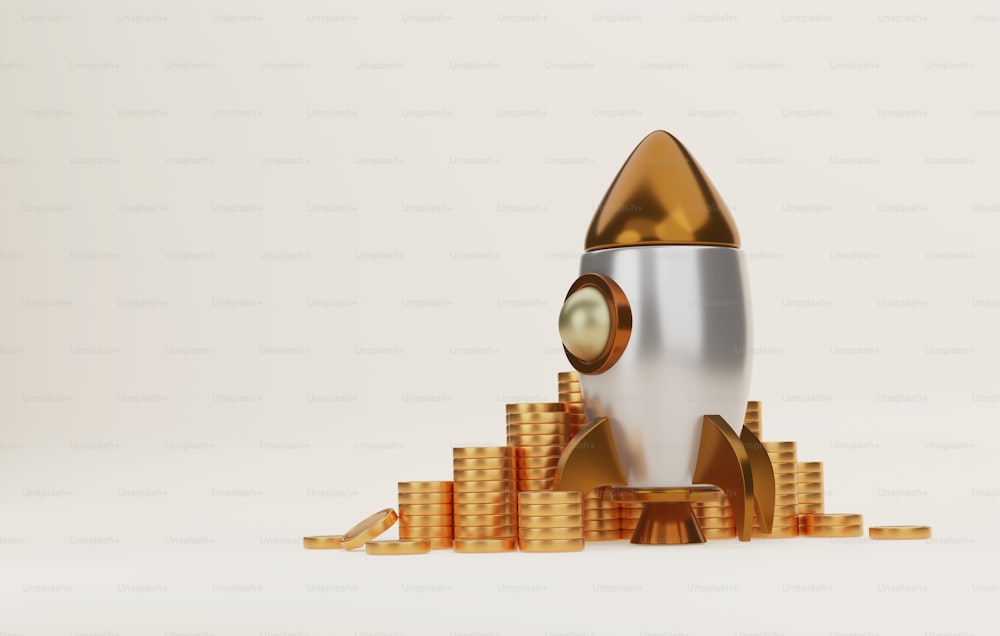 Golden rocket and pile of gold coins on white background. Starting a Successful Business financial growth. 3D render illustration