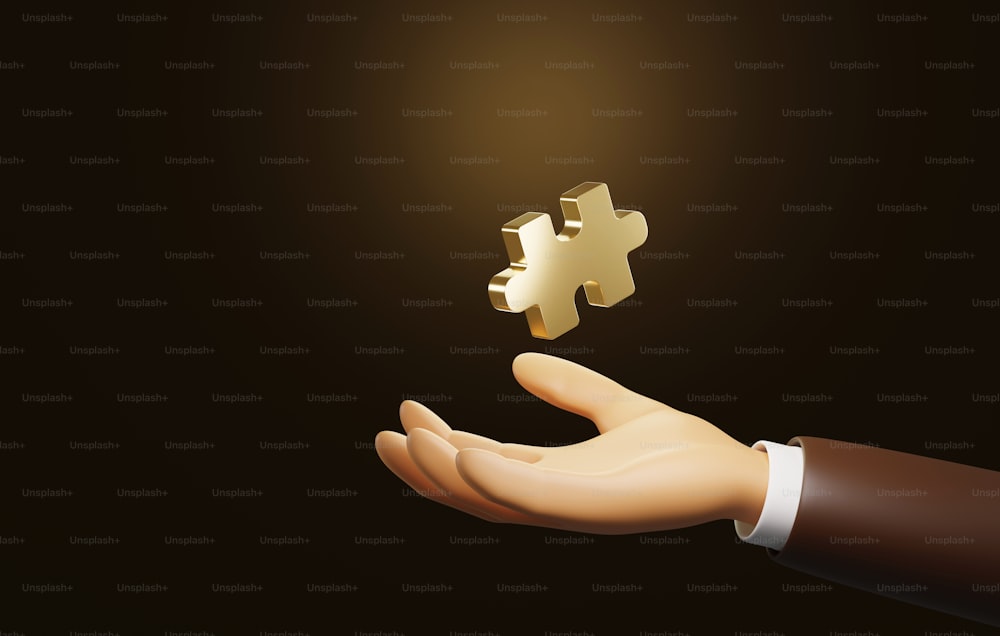 Golden puzzle on businessman's hand illuminated on dark brown background. Business success Invaluable Connected Solutions. 3D render illustration.