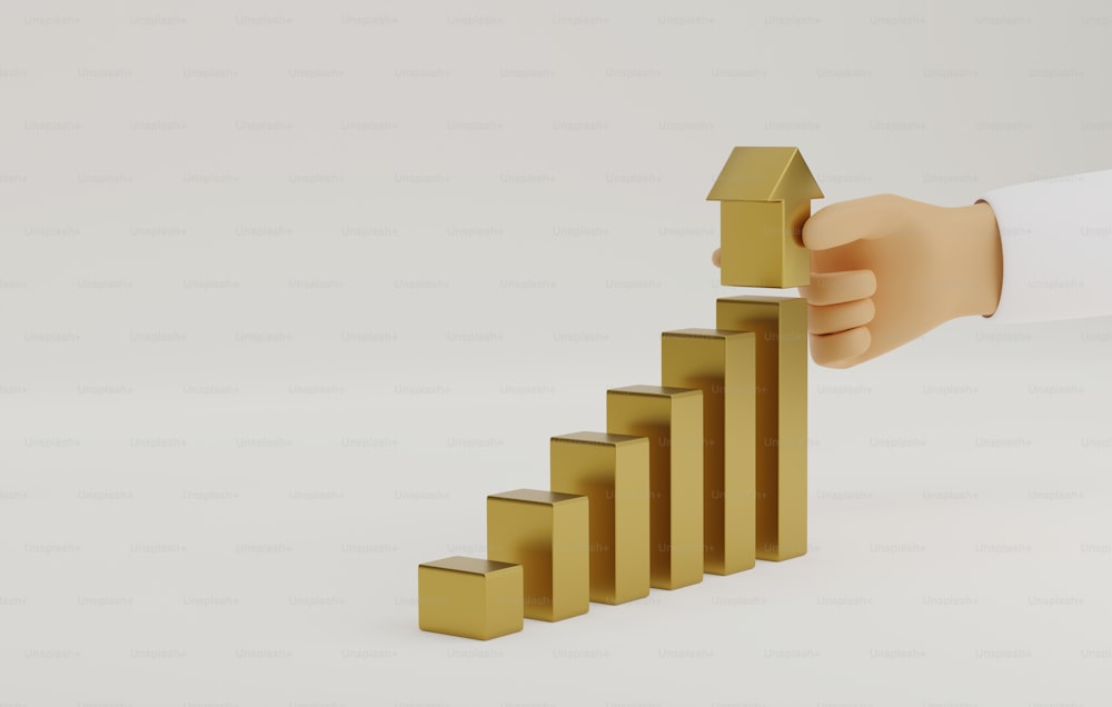 Businessman hand holding arrows capping growth on golden ladder bar chart on white background. Extension success Growing business investment planning financial wealth. 3d render illustration.