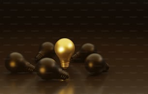 Le lampadine dorate si accendono su molte lampadine scure su sfondo acquerello marrone scuro, creatività diversa. Idea eccezionale pensare fuori dagli schemi. Illustrazione di rendering 3D.