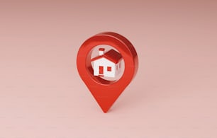 Red location pin and home icon house. Locator, navigator on map pin navigation pointer gps trip marker icon. 3D render illustration.