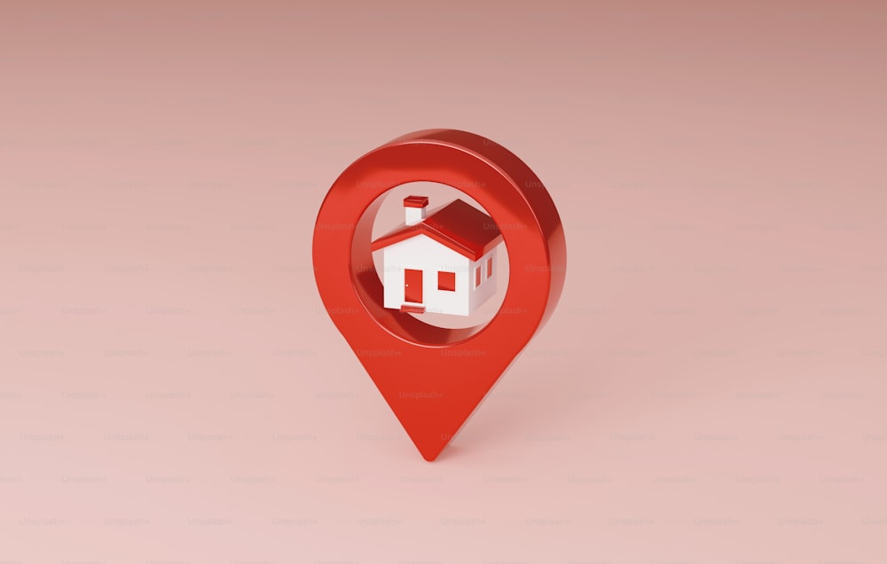 Red location pin and home icon house. Locator, navigator on map pin navigation pointer gps trip marker icon. 3D render illustration.