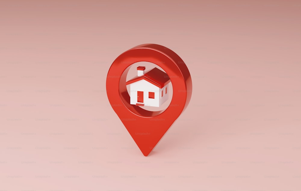 Pin de ubicación rojo y casa icono de inicio. Localizador, navegador en el mapa pin puntero de navegación gps icono marcador de viaje. Ilustración de renderizado 3D.