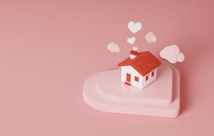 ピンクの背景にオレンジ色の屋根の家とハートのアイコンが家から浮かぶ。家族は家の暖かさと不動産投資が大好きです。3Dレンダリングイラスト。