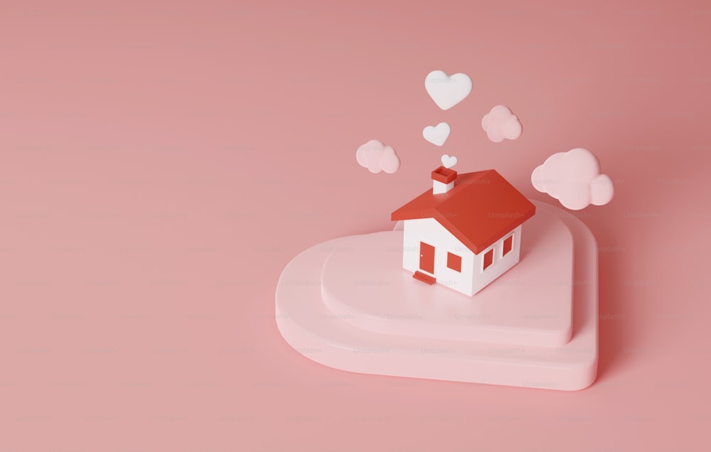 Casa de techo naranja con icono de corazón flotando fuera de la casa sobre fondo rosa. A la familia le encanta la calidez de la casa y la inversión inmobiliaria. Ilustración de renderizado 3D.