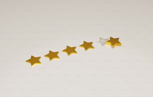 Icona di classificazione della qualità della stella dorata a cinque stelle. Valutazione della soddisfazione del cliente valutazione del livello di qualità del servizio, feedback brillante. Illustrazione di rendering 3D.