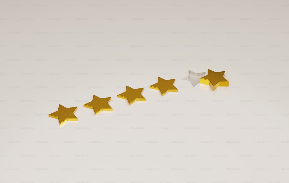 Fünf-Sterne-Farbverlauf Goldstern-Qualitäts-Ranking-Symbol. Bewertung: Kundenzufriedenheit, Bewertung der Servicequalität, Bewertung des Qualitätsniveaus, glänzendes Feedback. 3D-Render-Illustration.