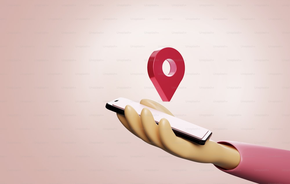 Pin di localizzazione rosso sulla mano dello smartphone, navigatore gps con posizione sull'applicazione. Illustrazione di rendering 3D.