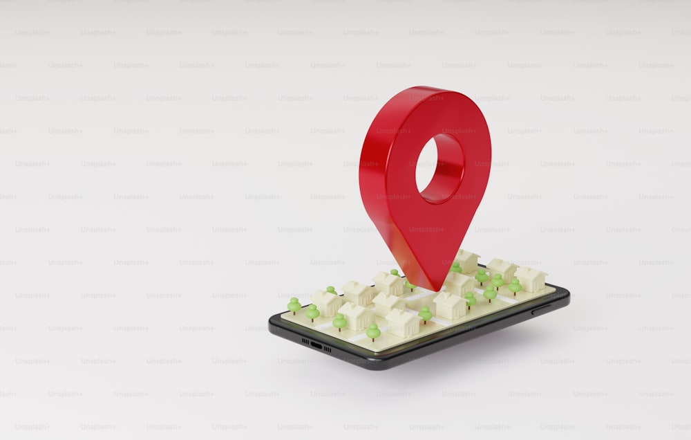 Mobile screen navigation app, 3D city map, red pin pointing to location. Navigation with GPS technology. 3D render illustration.