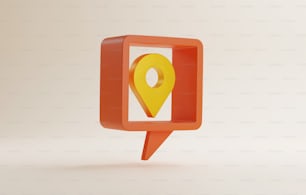 Yellow pin icon indicating location in speech bubble on white background. GPS navigation. 3D render illustration.