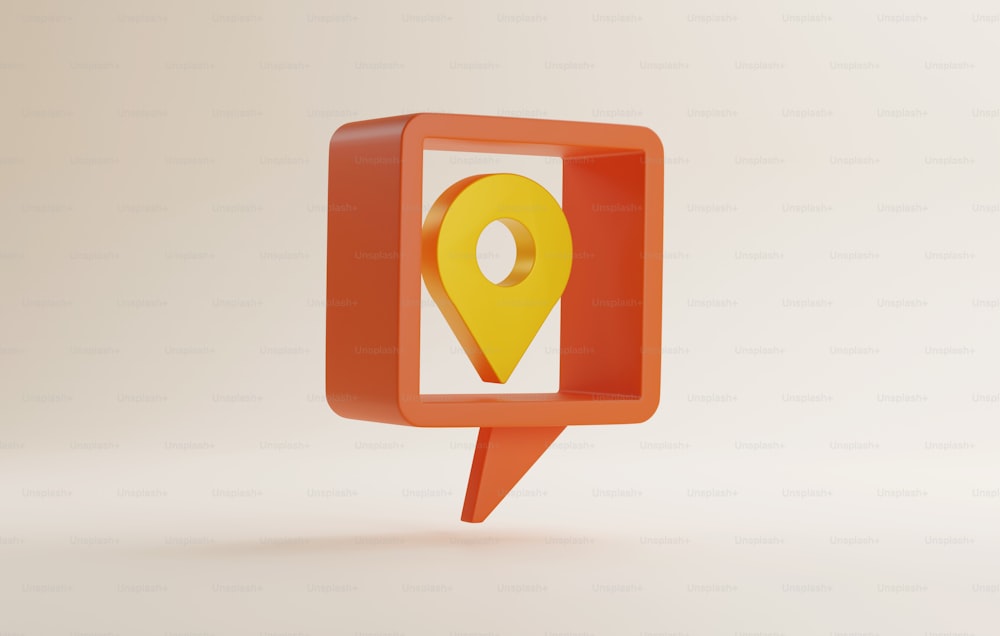 Yellow pin icon indicating location in speech bubble on white background. GPS navigation. 3D render illustration.