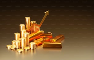 Gold bars buying and selling gold bullion, upward arrow graphs and gold pile of coins, gold market growth and Investment. 3D render illustration.
