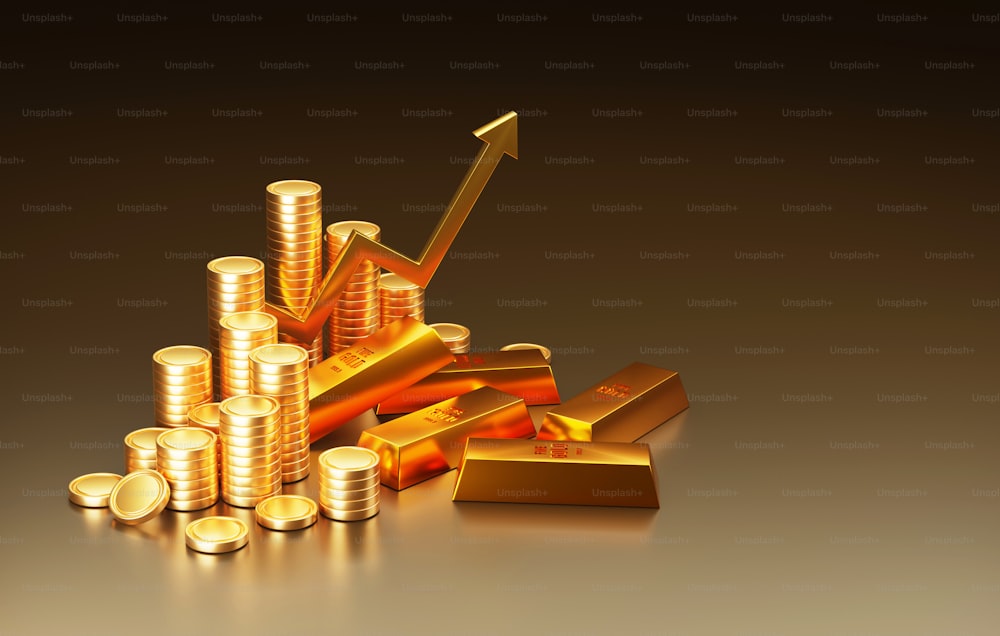 Barras de oro comprando y vendiendo lingotes de oro, gráficos de flechas hacia arriba y pila de monedas de oro, crecimiento del mercado del oro e inversión. Ilustración de renderizado 3D.