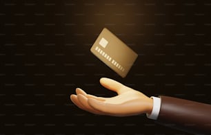 Nahaufnahme goldene Kreditkarte, die auf der Hand eines Geschäftsmannes schwebt, dunkelbrauner Hintergrund. Die besten Angebote für Premium-Kunden von Banken. 3D-Render-Illustration.