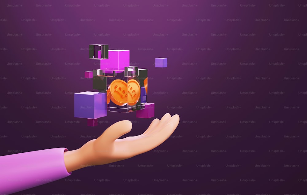 La mano del usuario en contacto con la tecnología blockchain. Concepto de tecnología futura Blockchain, criptomoneda. Ilustración de renderizado 3D.