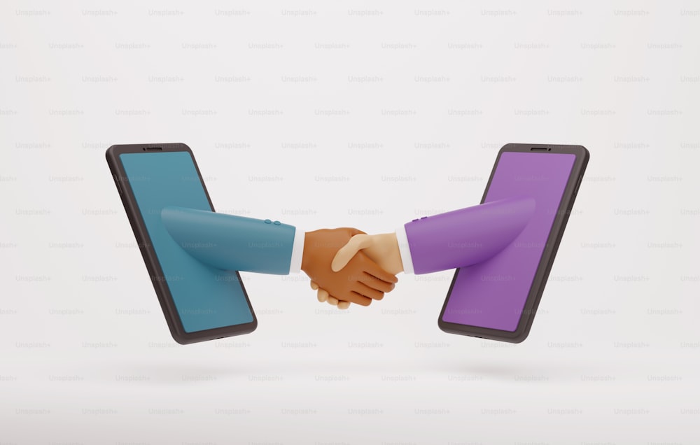 Close-up of shaking hands business people via smartphone. Business cooperation agreement via online. 3d render illustration