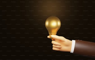 Mão do empresário segurando lâmpadas douradas brilham no fundo marrom escuro, criatividade diferente. excelente ideia pensando fora da caixa. Ilustração de renderização 3D.