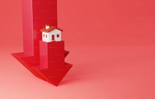 Grafik des Immobilienmarktes, auf dem die Pfeilspitze fällt. Rezession Immobilienpreise fallen bei Immobilien- und Immobilienmarktcrashs. 3D-Render-Illustration.
