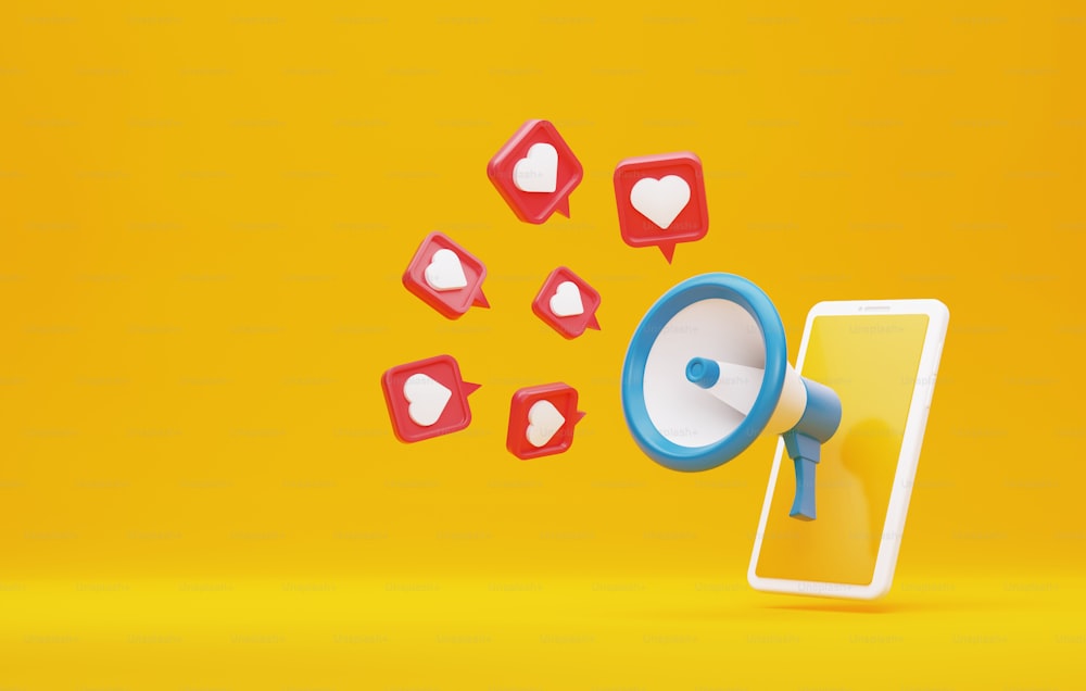 Une icône en forme de cœur flotte hors d’un mégaphone sur un smartphone blanc. Marketing des médias sociaux Communication des personnes. Illustration de rendu 3D.