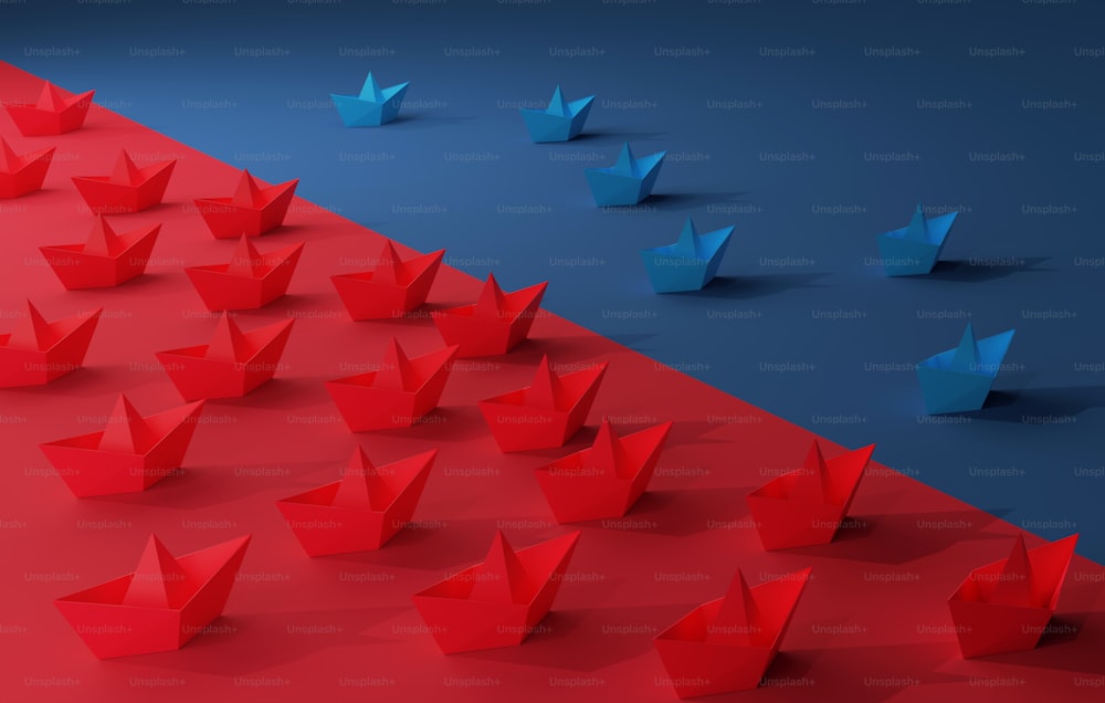 Paper boats on red ocean and blue ocean Marketing. Red boats on very competitive market many competitors. Blue boat is on a non-competitive market successful business strategy. 3D render illustration