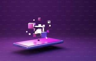Touch blockchain technology on smartphones. Future Technology Concept Blockchain Cryptocurrency. 3d render illustration.