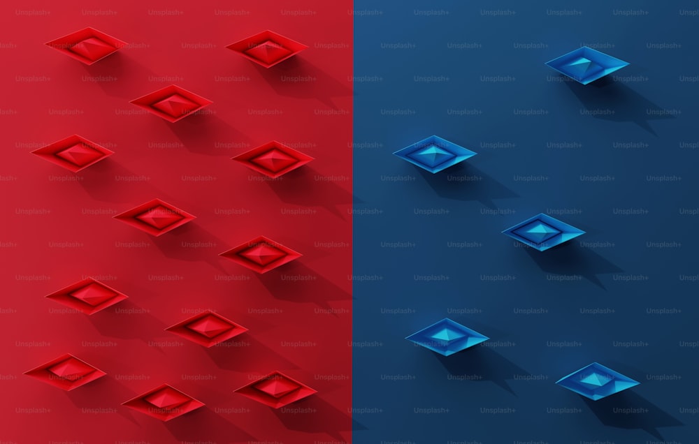 Paper boats on red ocean and blue ocean Marketing. Red boats on very competitive market many competitors. Blue boat is on a non-competitive market successful business strategy. 3D render illustration