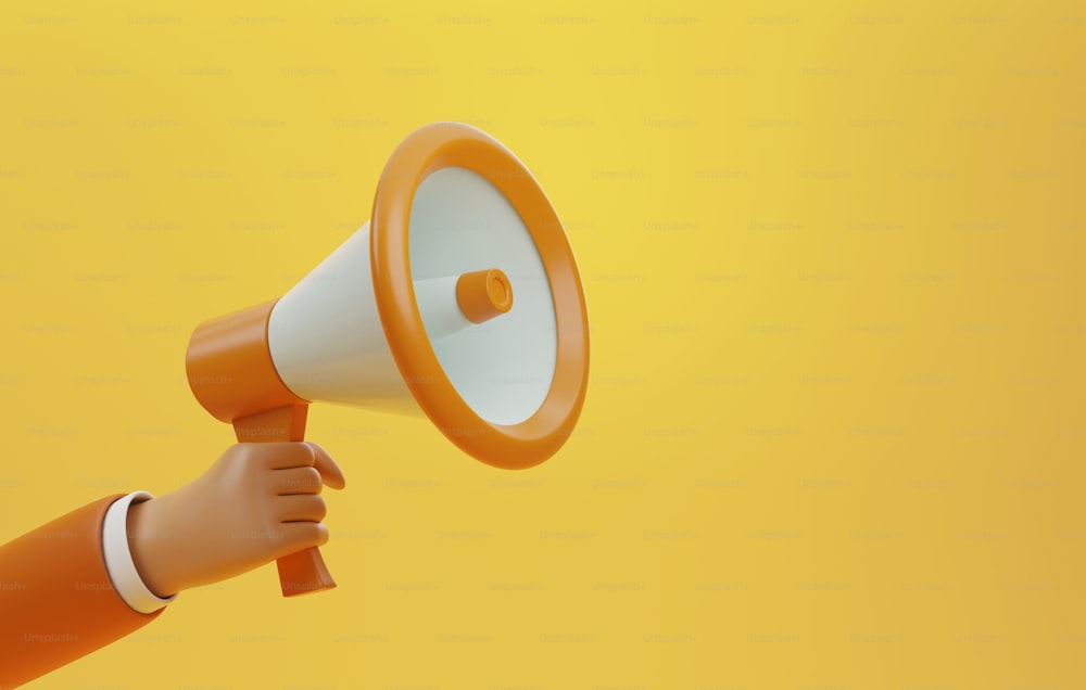 Hand holding a megaphone on a yellow background. Promotional advertisements. 3D render illustration