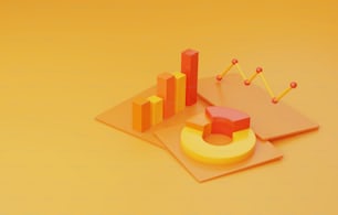 Analisi dei dati finanziari e crescita del business con grafico a torta e grafico a barre su sfondo giallo. Illustrazione vettoriale isometrica 3D