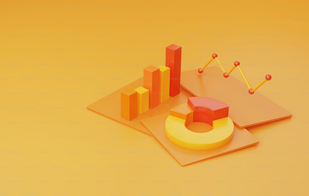 Financial data analysis and business growth with pie chart and bar graph on yellow background. 3D isometric vector illustration