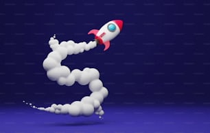 Rocket despega con un humo en forma de dólar. Aumentar los ingresos o aumentar las ganancias comerciales que aumentan los ingresos por inversiones. Ilustración de renderizado 3D.