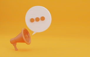 Megafone laranja com bolha de bate-papo isolado no fundo amarelo. Anúncio de promoção. Ilustração de renderização 3D.