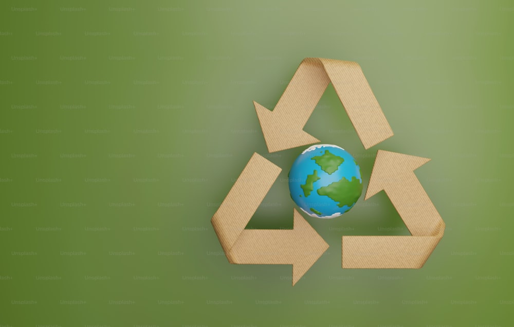 Planète Terre avec des flèches de recyclage du carton sur fond vert. Réutiliser en prenant soin de l’environnement et des entreprises respectueuses de l’environnement. Illustration de rendu 3D.