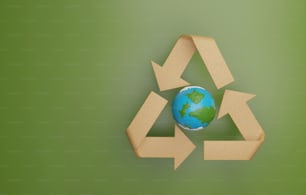 Planet Erde mit Recyclingpfeilen aus Pappe auf grünem Hintergrund. Wiederverwendung, Sorge um Umwelt und umweltfreundliches Geschäft. 3D-Render-Illustration.