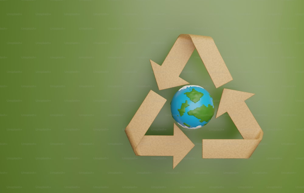 Planet earth with cardboard recycling arrows on green background. Reuse caring for environment and environmentally friendly business. 3d render illustration.