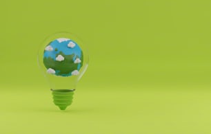 Planeta tierra en bombilla sobre fondo verde. Uso de energía limpia y conservar el medio ambiente, reducir el calentamiento global. Ilustración de renderizado 3D.