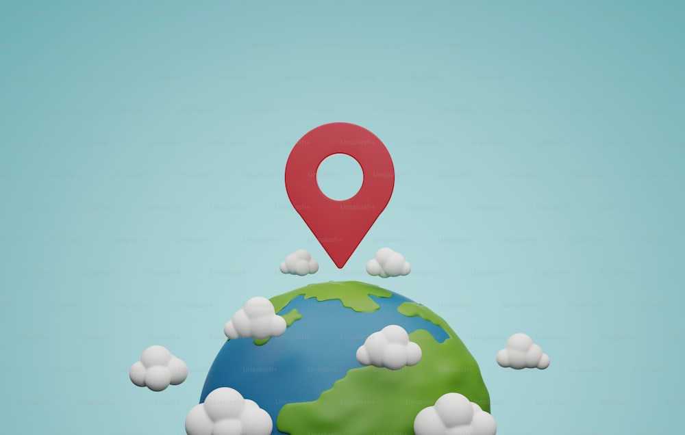 Große rote Stecknadel auf dem Planeten Erde und Wolken auf blauem Hintergrund. Der Standort lokalisiert das Symbol, das mit GPS zu Orten in der Welt reist. 3D-Render-Illustration.