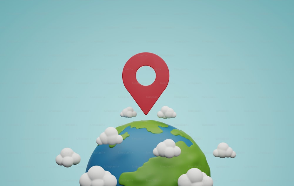 Big red pin on planet earth and clouds on blue background. Location pinpoints symbol traveling to places in the world with GPS. 3D render illustration.